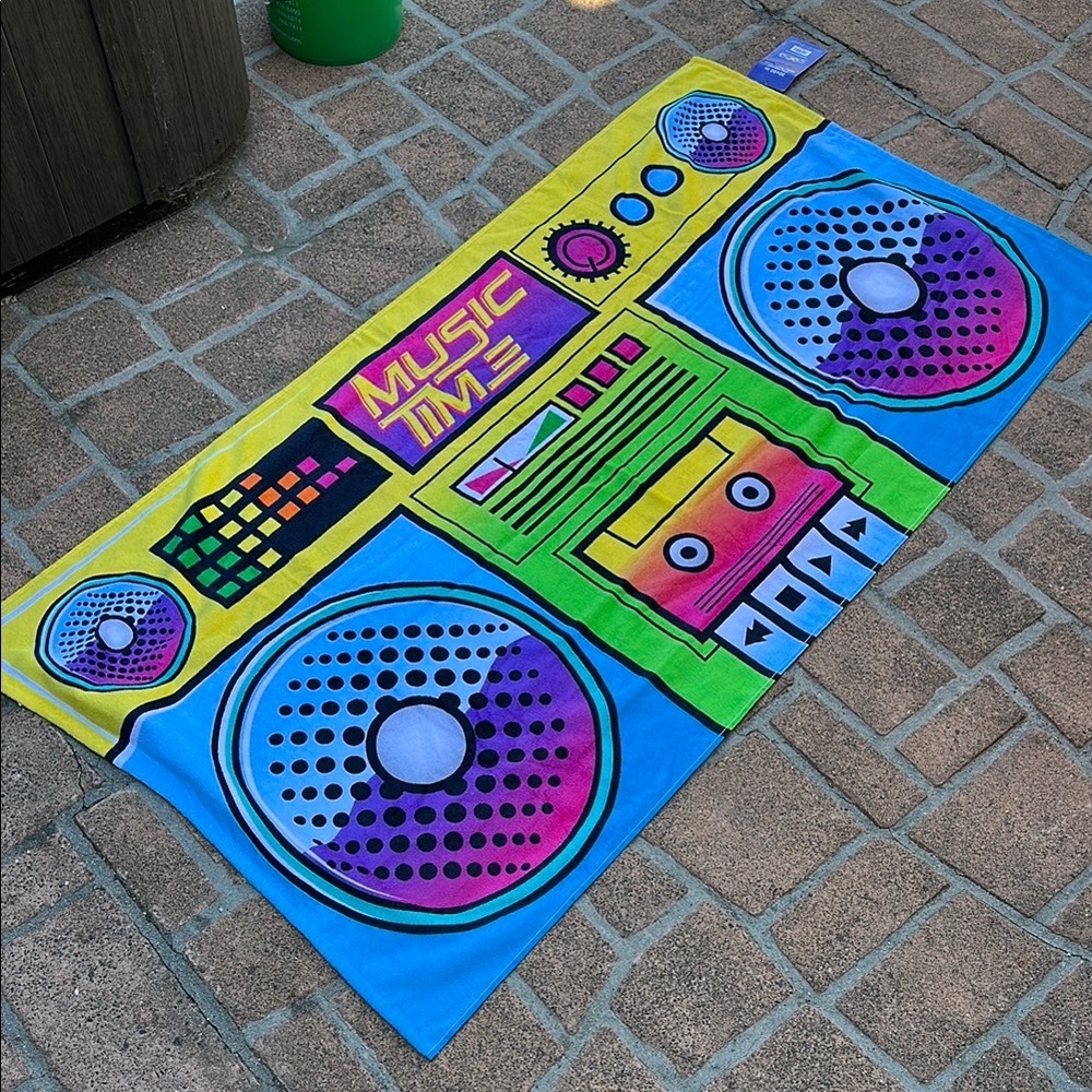 Colorful Music Themed Beach Towel boombox bright 80’s